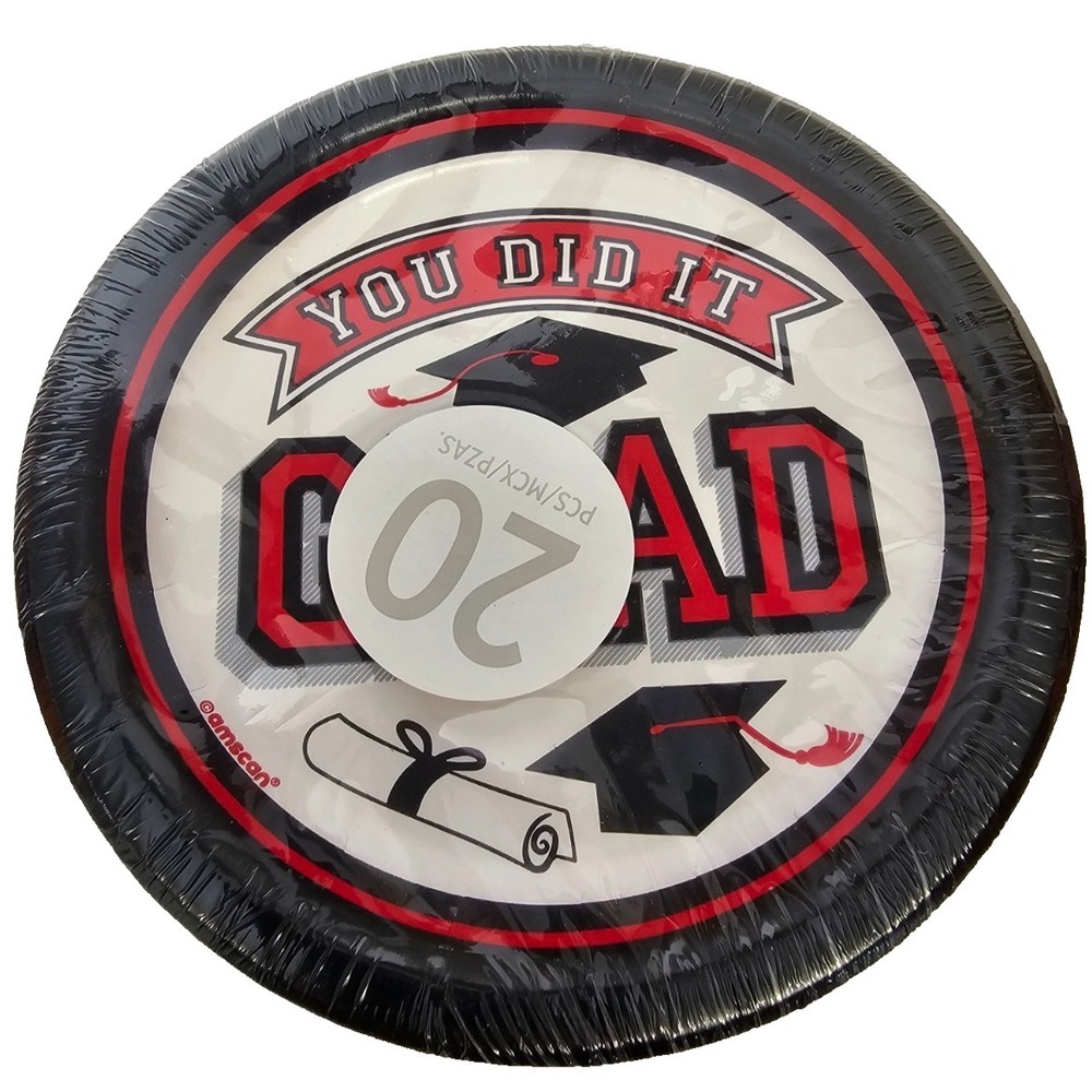 You Did It Grad red and black graduation party dessert size paper plates ct 20